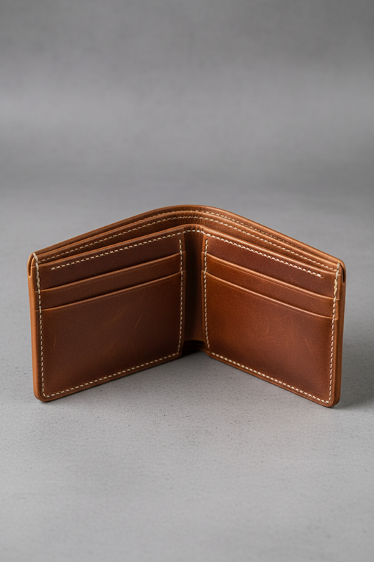Close-up of a Pellevo premium genuine brown leather wallet showing a rich vintage patina on a minimalist grey stone background