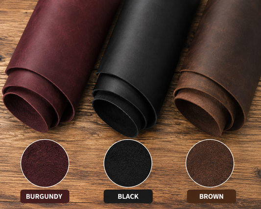 Stack of matte finish full-grain leather sheets for practicing leathercraft techniques